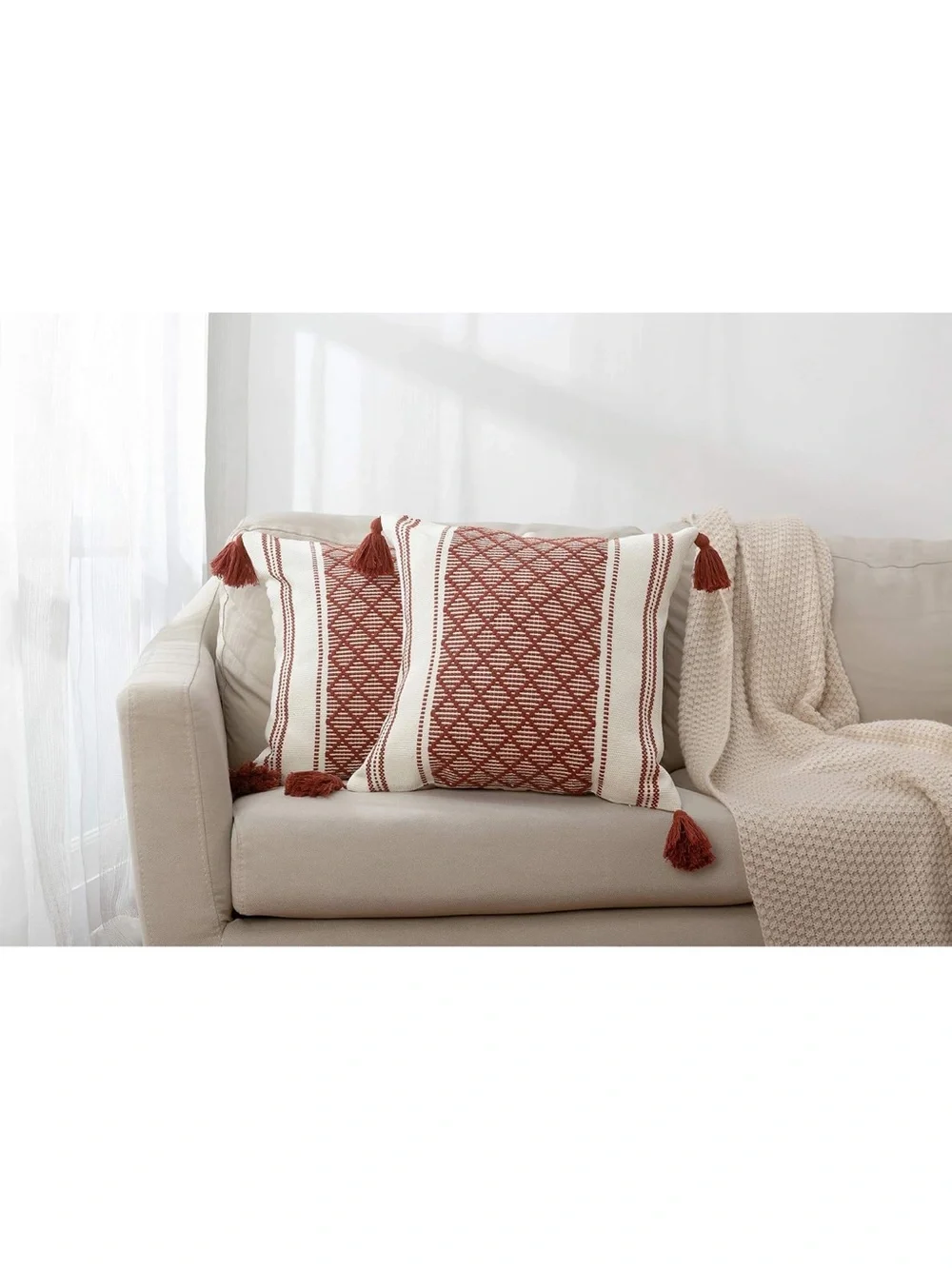 Boho Diamond Jacquard Tassel Throw Pillow Covers - Rust Cream (Set of 2) C10